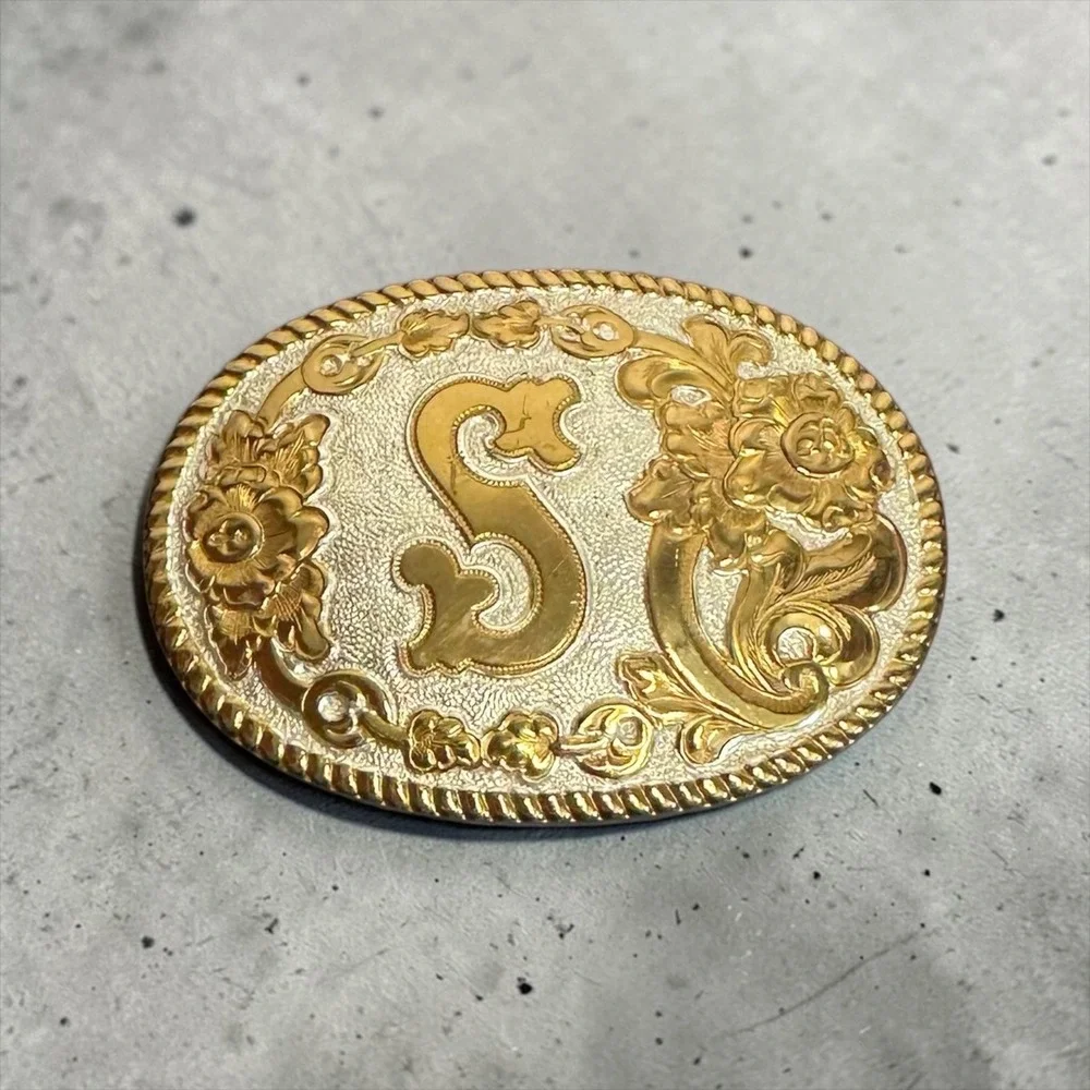 Crumrine Belt Buckle Silver Plate Jewelers Bronze Initial S Floral Western Oval